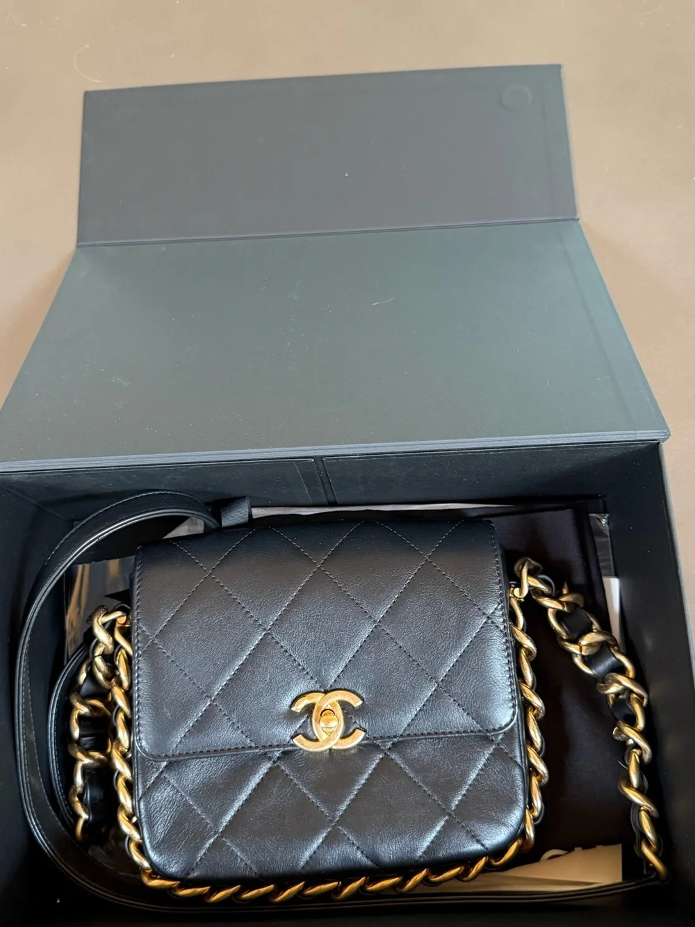 CHANEL Black Quilted Leather Mini Crossbody with Gold Hardware